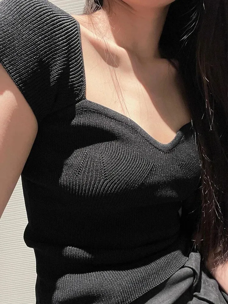 Solid Casual Knitted T Shirts For Women Square Collar Short Sleeve Tunic Slimming Minimalist T Shirt Female Fashion