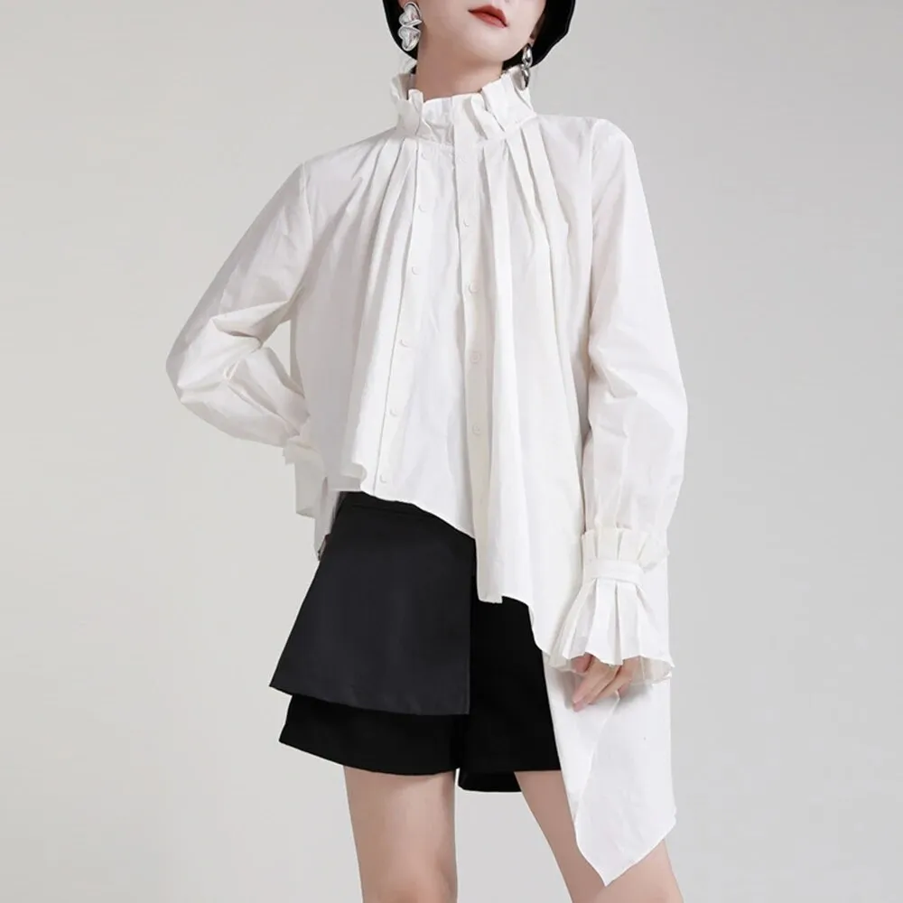 Solid Irregular Shirt For Women Stand Collar Long Sleeve Patchwork Single Breasted Minimalist Blouse Female Clothes