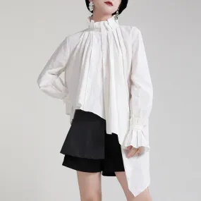 Solid Irregular Shirt For Women Stand Collar Long Sleeve Patchwork Single Breasted Minimalist Blouse Female Clothes