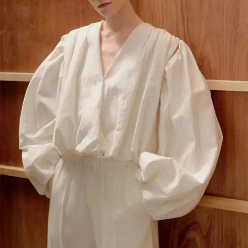 Solid Loose Shirt For Women V Neck Puff Sleeve Minimalist Ruched Blouses Female Spring Clothing Style Fashion