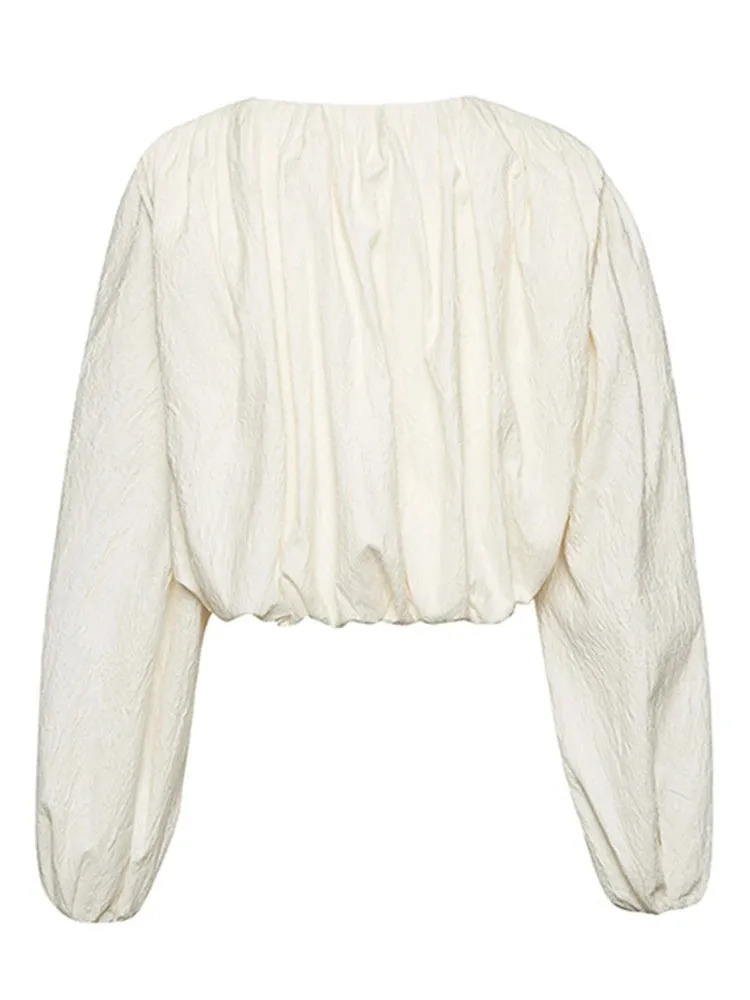 Solid Loose Shirt For Women V Neck Puff Sleeve Minimalist Ruched Blouses Female Spring Clothing Style Fashion