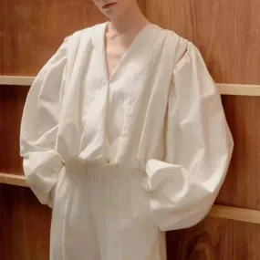 Solid Loose Shirt For Women V Neck Puff Sleeve Minimalist Ruched Blouses Female Spring Clothing Style Fashion
