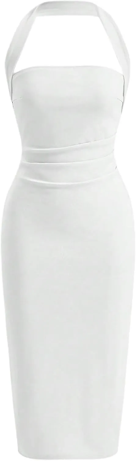 SOLY HUX Women's Halter Bodycon Dress Split Hem Midi Dress Backless Elegant Pencil Dresses