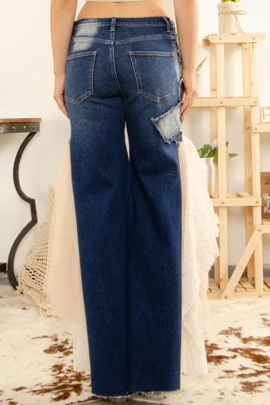 Stretchy Denim Mesh Detail Flare Jeans