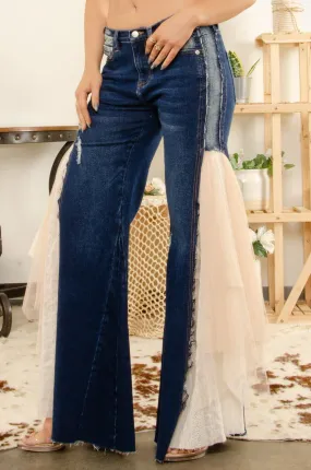 Stretchy Denim Mesh Detail Flare Jeans