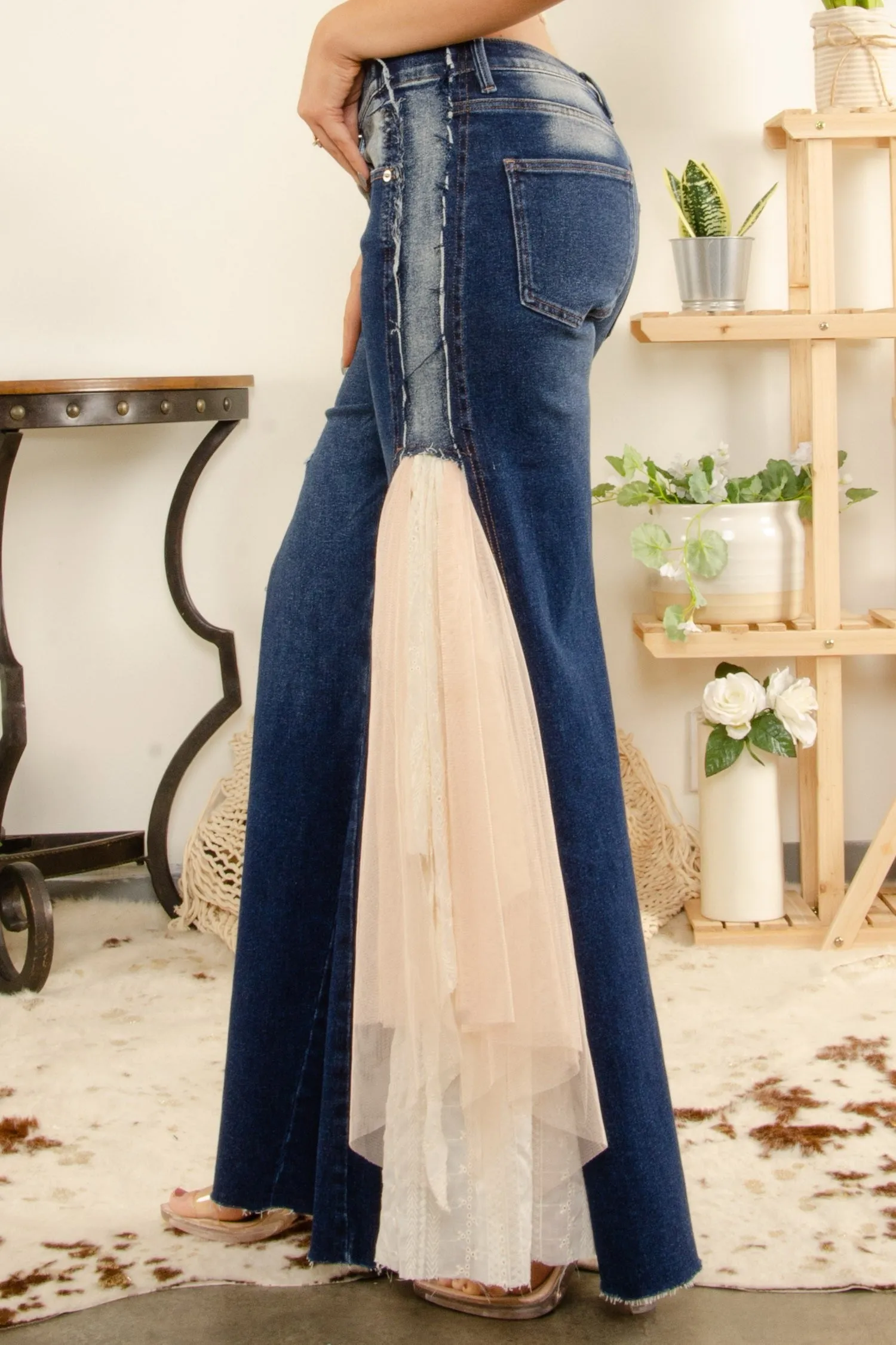 Stretchy Denim Mesh Detail Flare Jeans