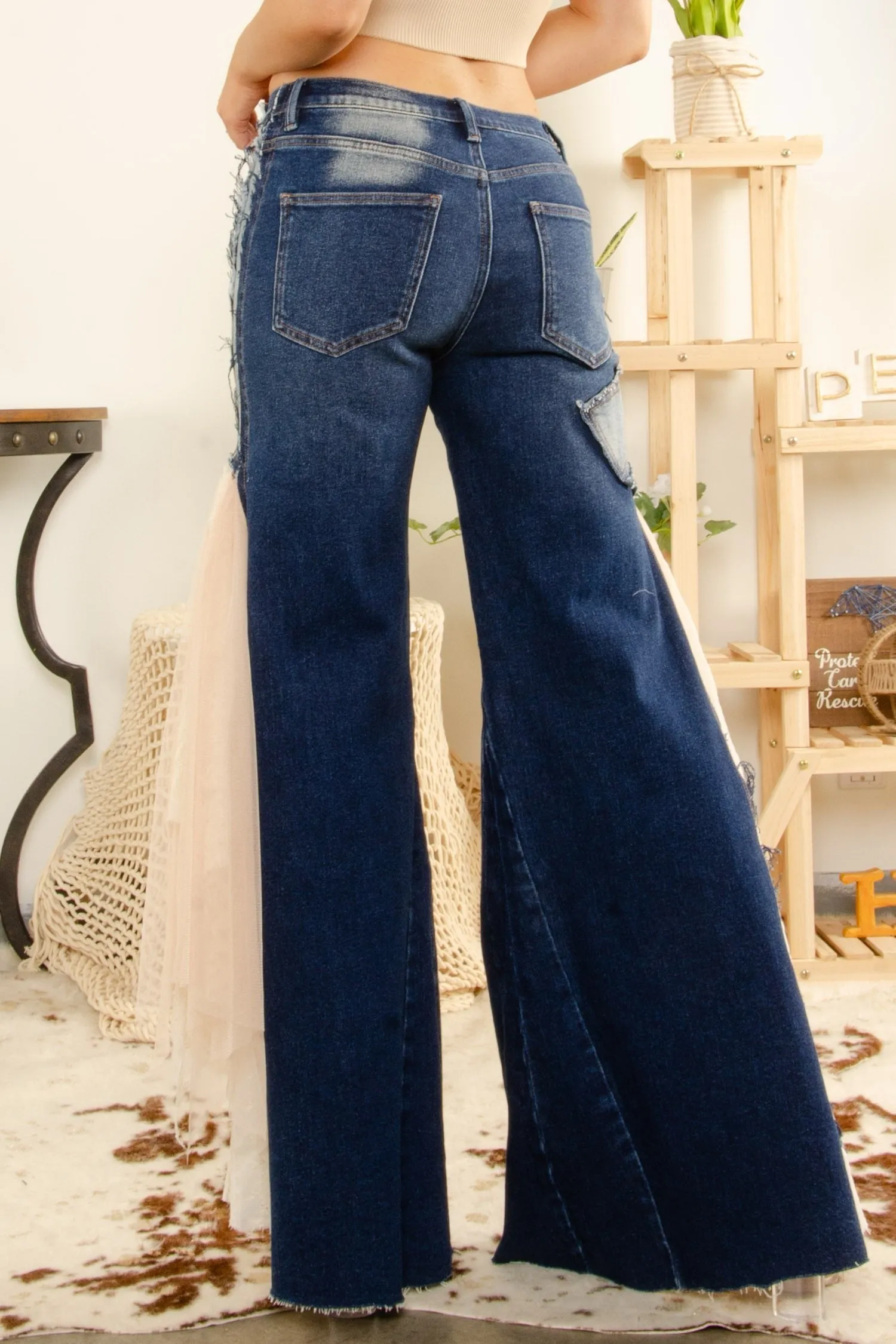 Stretchy Denim Mesh Detail Flare Jeans