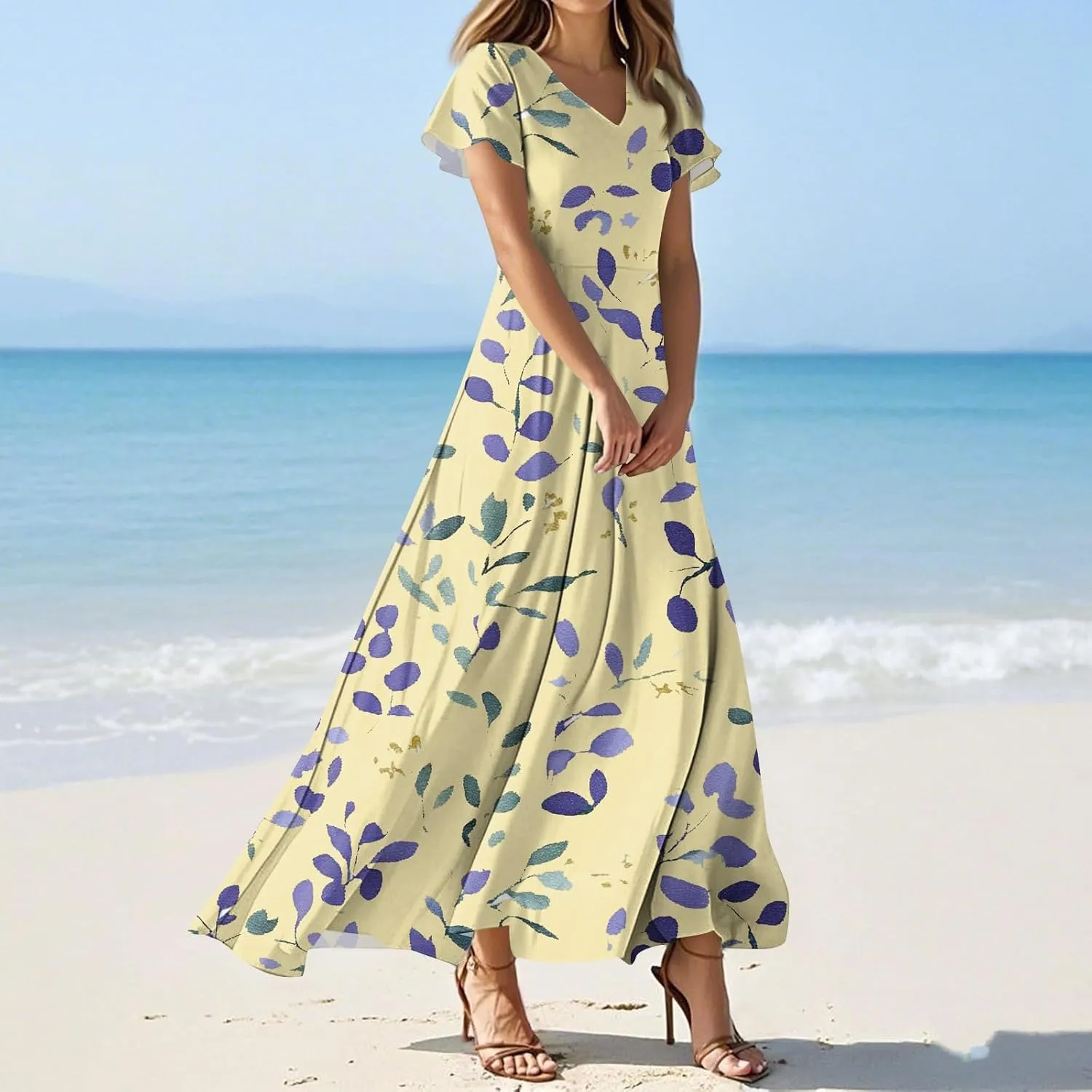 Summer Dresses for Women Floral Print Short Sleeve Dress Casual Maxi Dress V Neck Flowy Swing Beach Vacation Dress