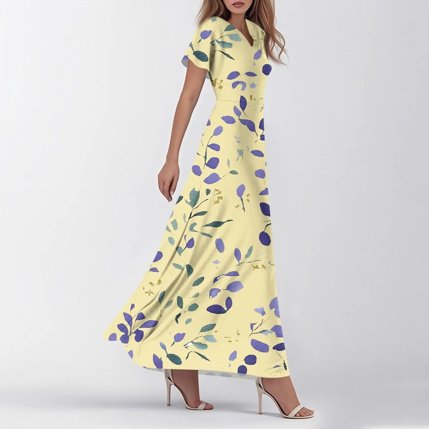 Summer Dresses for Women Floral Print Short Sleeve Dress Casual Maxi Dress V Neck Flowy Swing Beach Vacation Dress