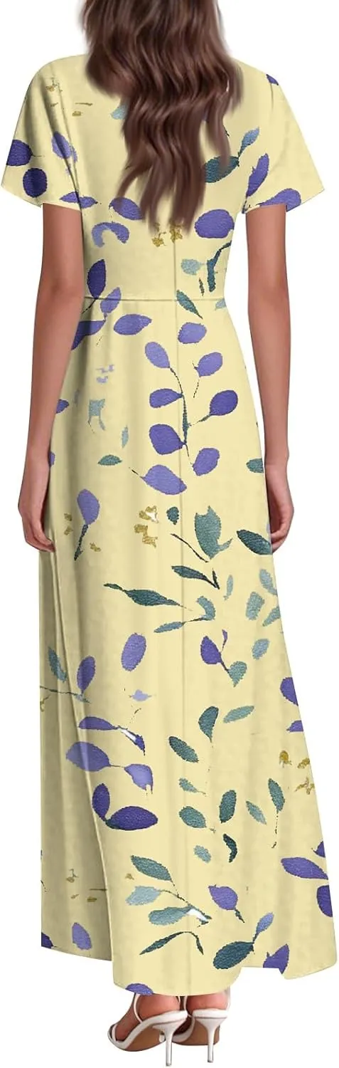 Summer Dresses for Women Floral Print Short Sleeve Dress Casual Maxi Dress V Neck Flowy Swing Beach Vacation Dress