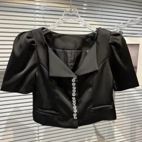 Summer Patchwork Diamonds Shirt For Women V Neck Puff Sleeve Solid Minimalist Blouses Female Fashion Clothing Style