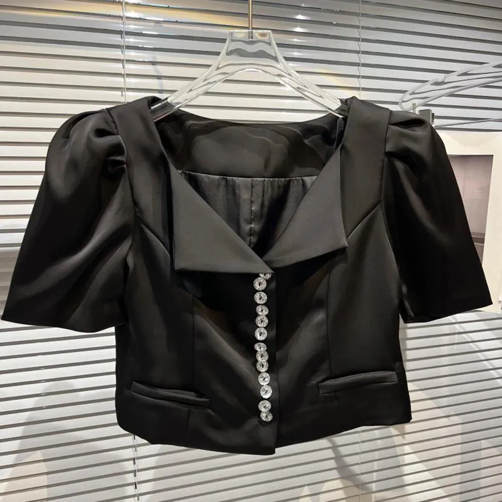 Summer Patchwork Diamonds Shirt For Women V Neck Puff Sleeve Solid Minimalist Blouses Female Fashion Clothing Style