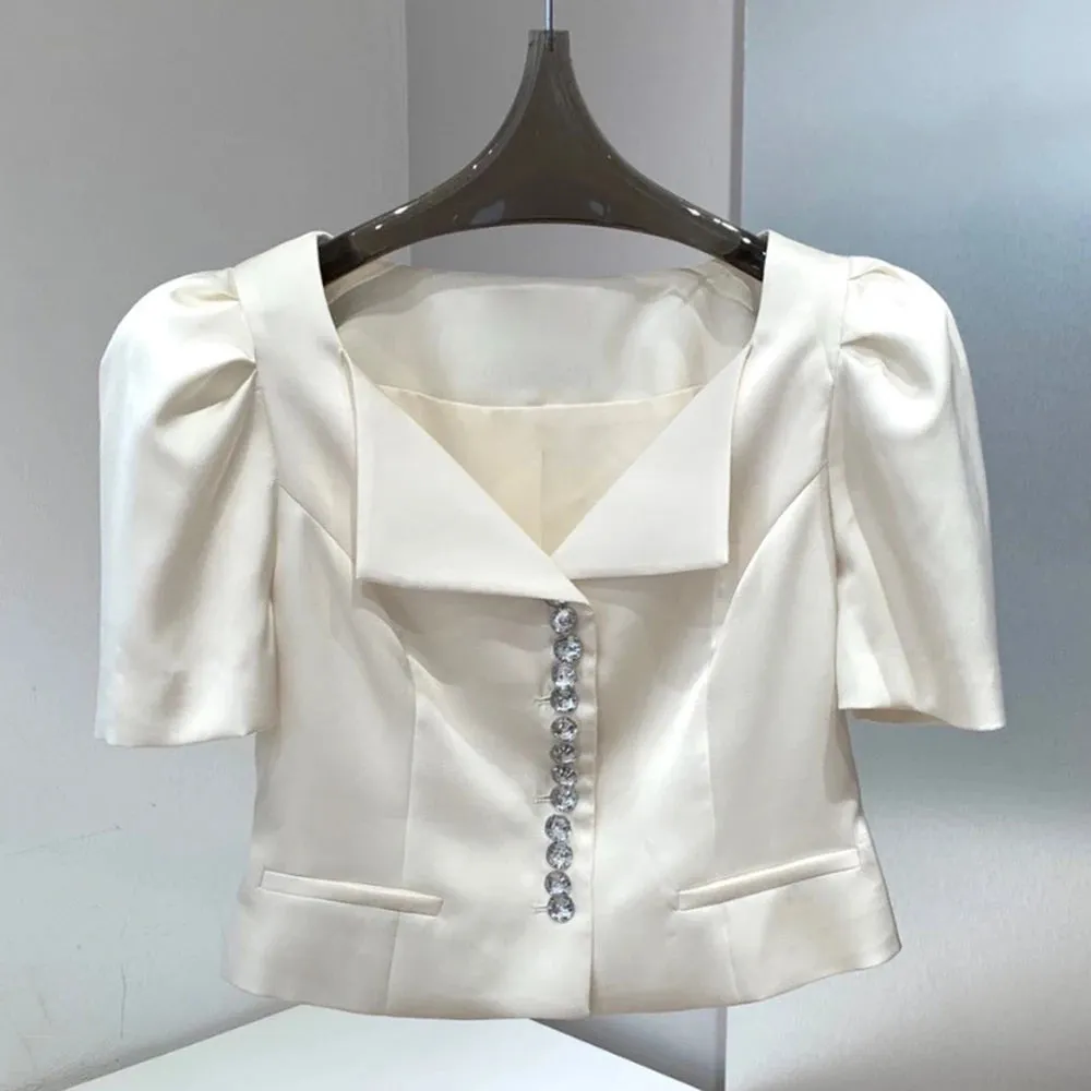 Summer Patchwork Diamonds Shirt For Women V Neck Puff Sleeve Solid Minimalist Blouses Female Fashion Clothing Style