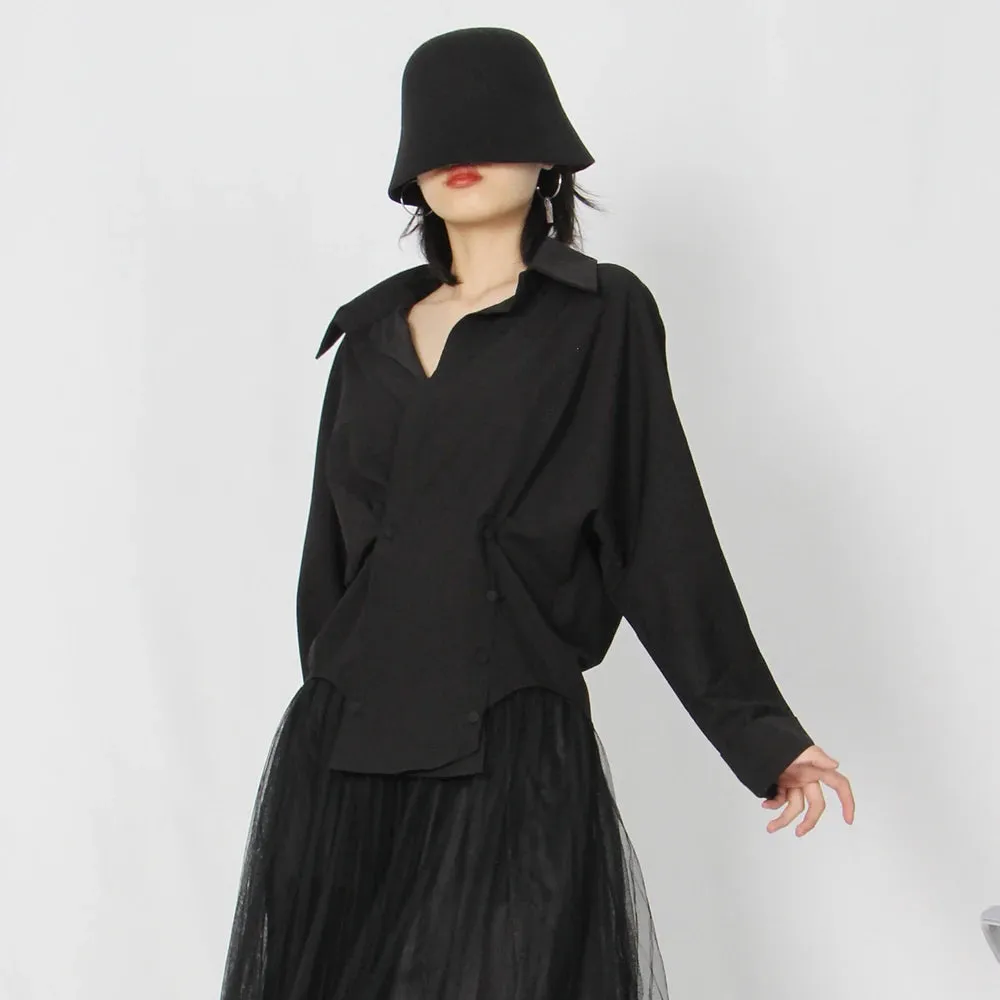 Summer Ruched Shirt For Women Lapel Long Sleeve Solid Minimalist Button Through Blouse Female Fashion Clothing