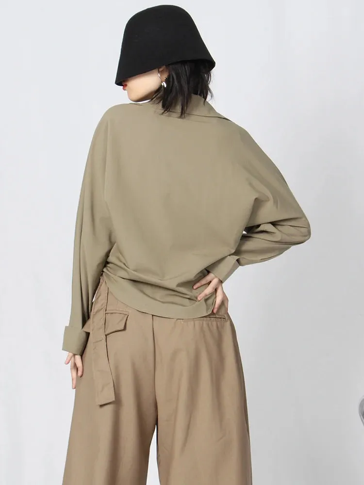 Summer Ruched Shirt For Women Lapel Long Sleeve Solid Minimalist Button Through Blouse Female Fashion Clothing