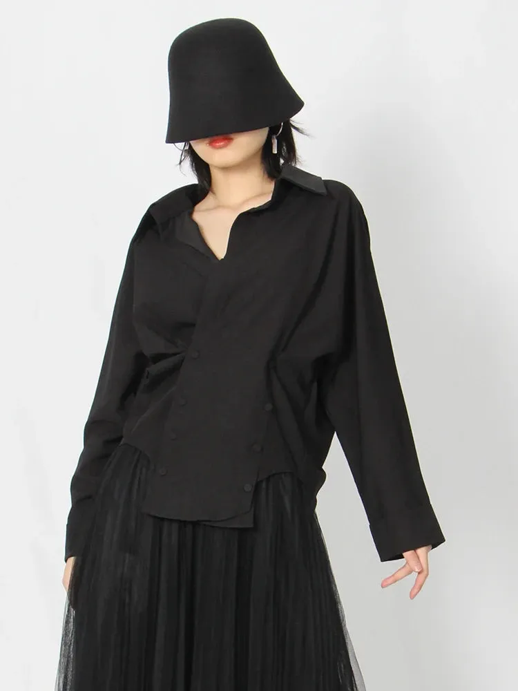 Summer Ruched Shirt For Women Lapel Long Sleeve Solid Minimalist Button Through Blouse Female Fashion Clothing