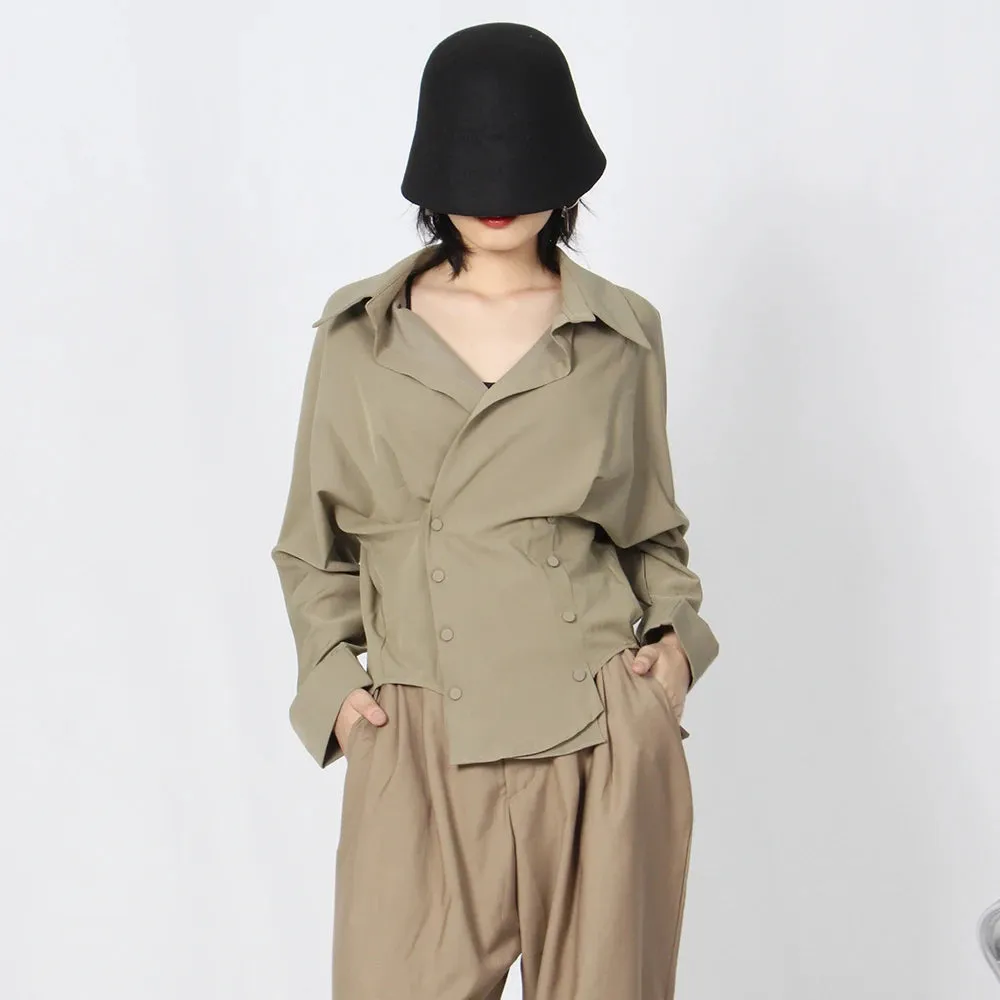 Summer Ruched Shirt For Women Lapel Long Sleeve Solid Minimalist Button Through Blouse Female Fashion Clothing