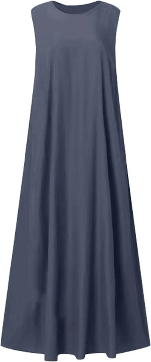 Sundresses for Women 2025 Summer Trendy Long Maxi Sleeveless Dresses Crew Neck Flowy Tiered Sun Dress with Pockets