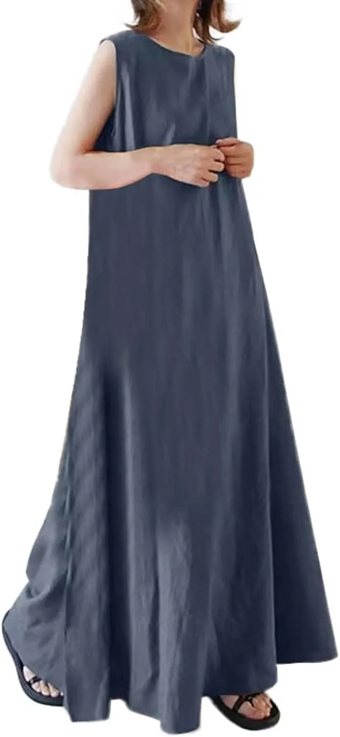 Sundresses for Women 2025 Summer Trendy Long Maxi Sleeveless Dresses Crew Neck Flowy Tiered Sun Dress with Pockets