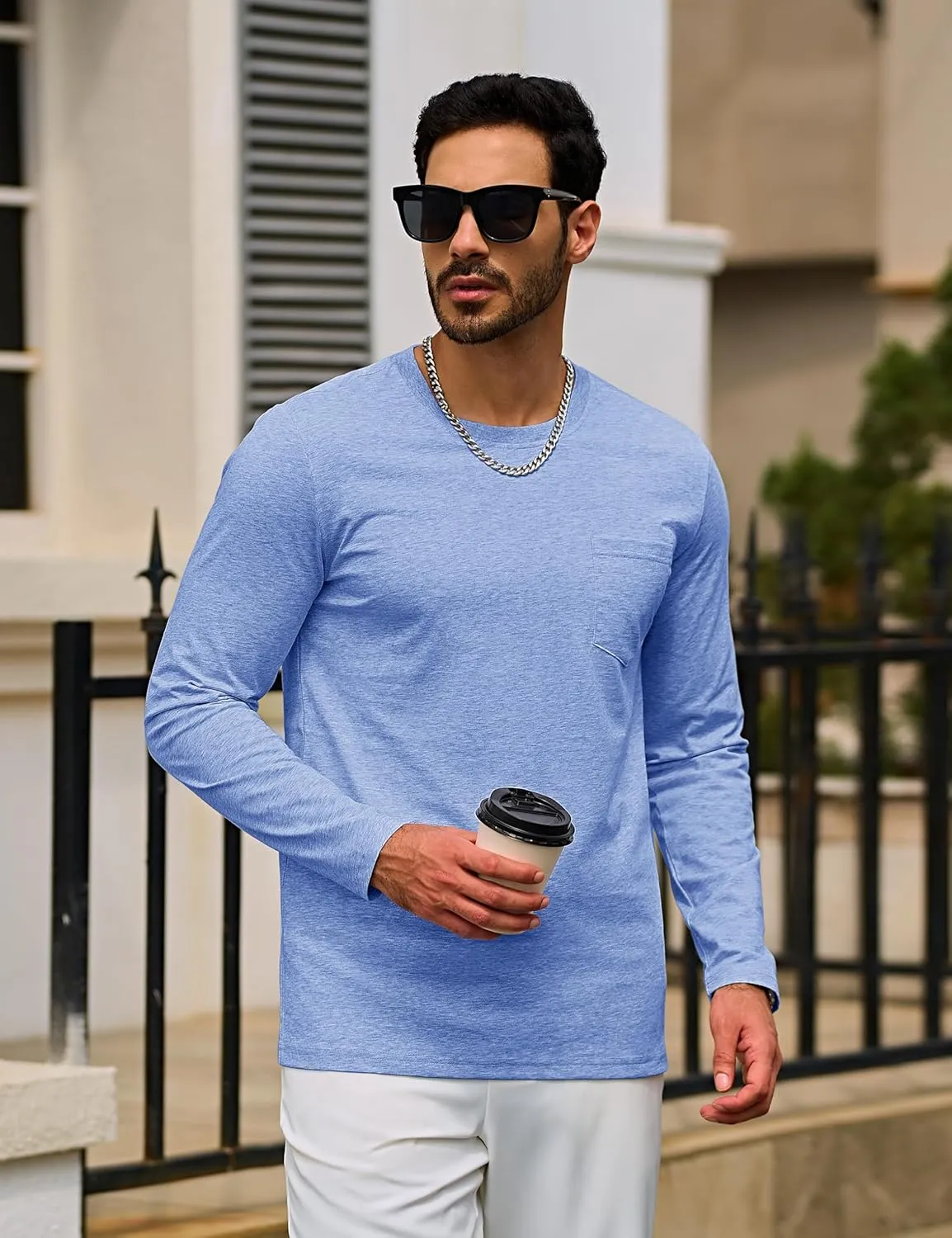 TACVASEN Men's Long Sleeve Pocket Tee Shirts Lightweight Breathable Cotton Crew Neck Casual Work Shirts for Summer