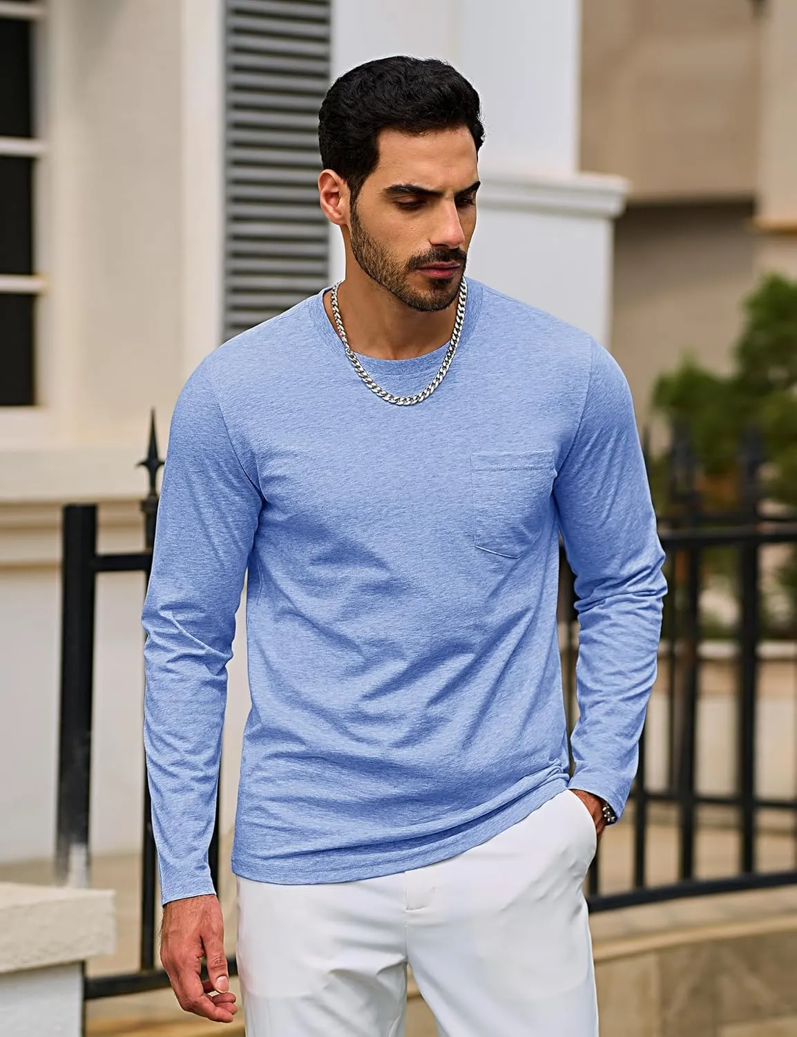 TACVASEN Men's Long Sleeve Pocket Tee Shirts Lightweight Breathable Cotton Crew Neck Casual Work Shirts for Summer