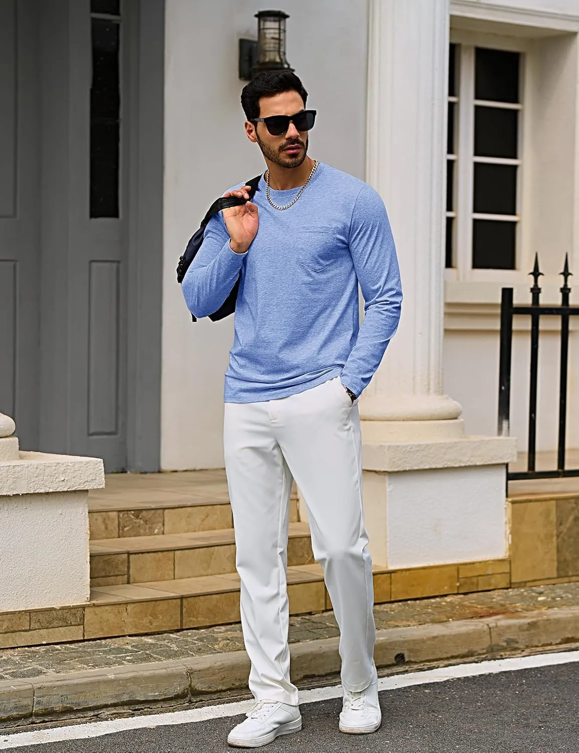 TACVASEN Men's Long Sleeve Pocket Tee Shirts Lightweight Breathable Cotton Crew Neck Casual Work Shirts for Summer