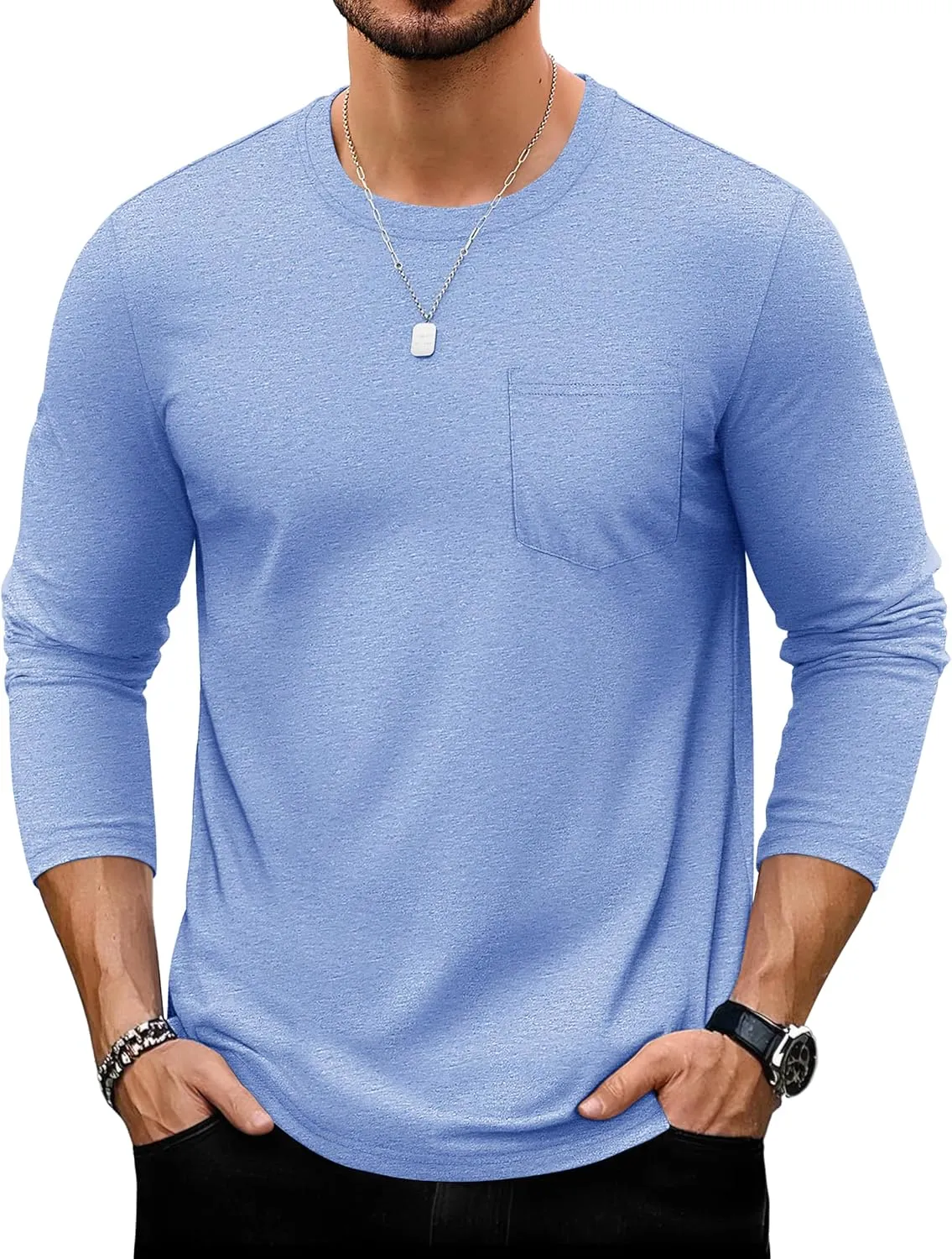 TACVASEN Men's Long Sleeve Pocket Tee Shirts Lightweight Breathable Cotton Crew Neck Casual Work Shirts for Summer