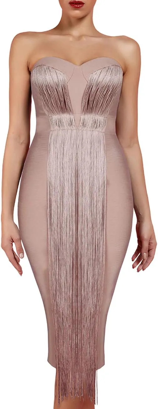 UONBOX Women's Strapless Elegant Tassel Tube Dress Bodycon Party Bandage Dress
