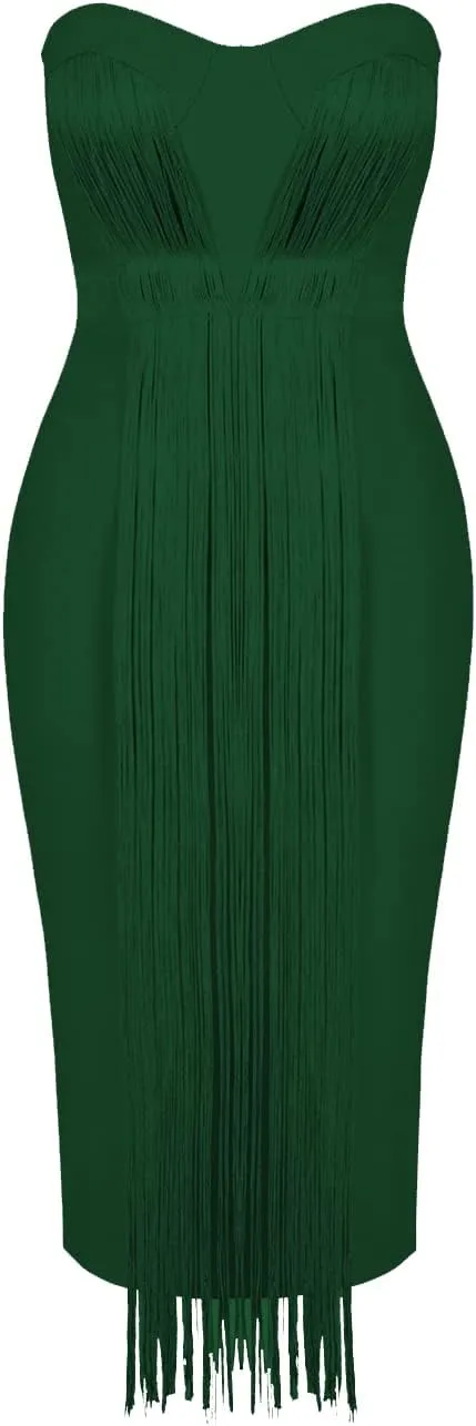 UONBOX Women's Strapless Elegant Tassel Tube Dress Bodycon Party Bandage Dress