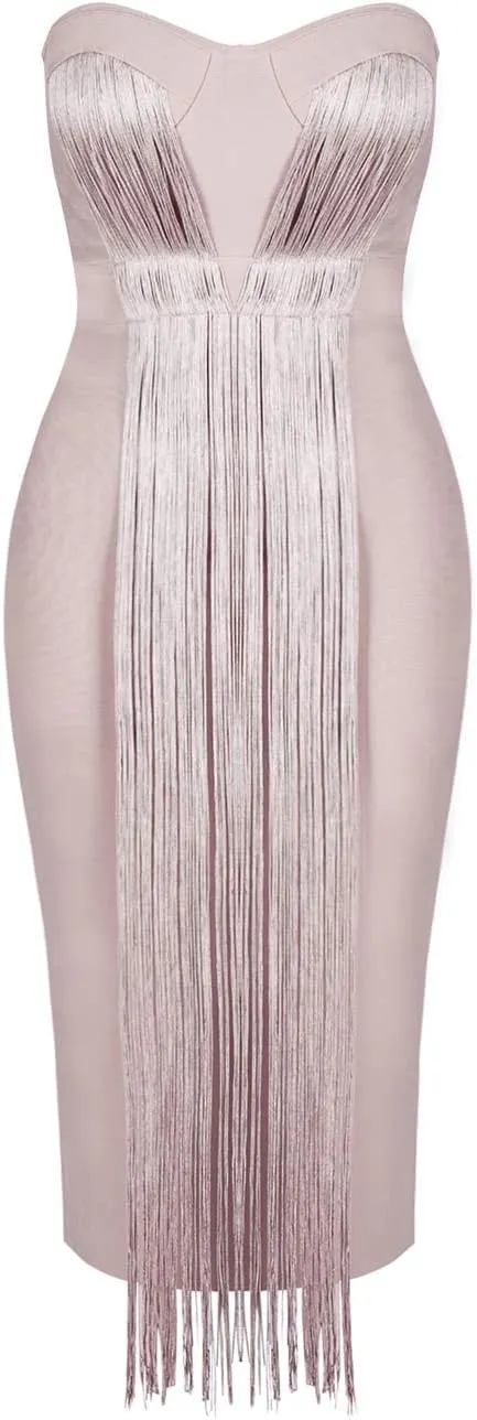 UONBOX Women's Strapless Elegant Tassel Tube Dress Bodycon Party Bandage Dress