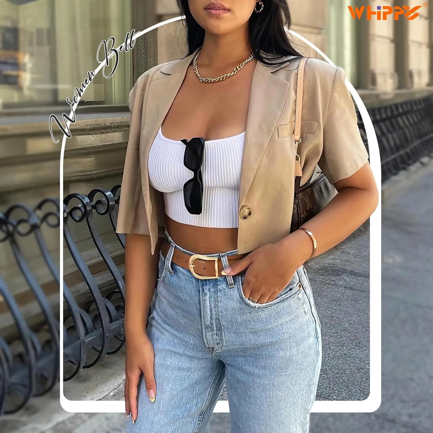 WHIPPY Women's Leather Belt for Jeans Pants Dresses Casual Fashion Waist Belt with Gold Buckle