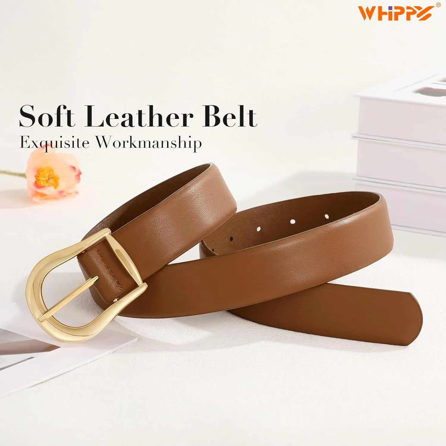 WHIPPY Women's Leather Belt for Jeans Pants Dresses Casual Fashion Waist Belt with Gold Buckle