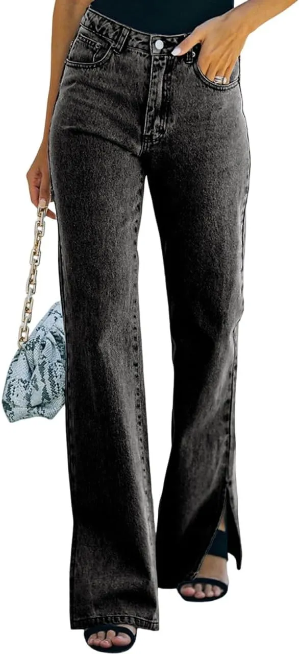 Wide Leg Jeans Woman High Waisted Split Ripped Jeans Trendy Zip Straight Leg Jeans Baggy Stretchy Jeans with Pockets