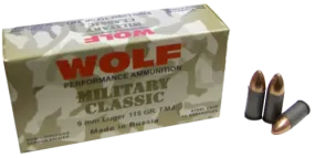 Wolf MC919FMJ Military Classic 9mm Luger 115 GR Full Metal Jacket 50 Bx/ 10 Cs - 500 Rounds