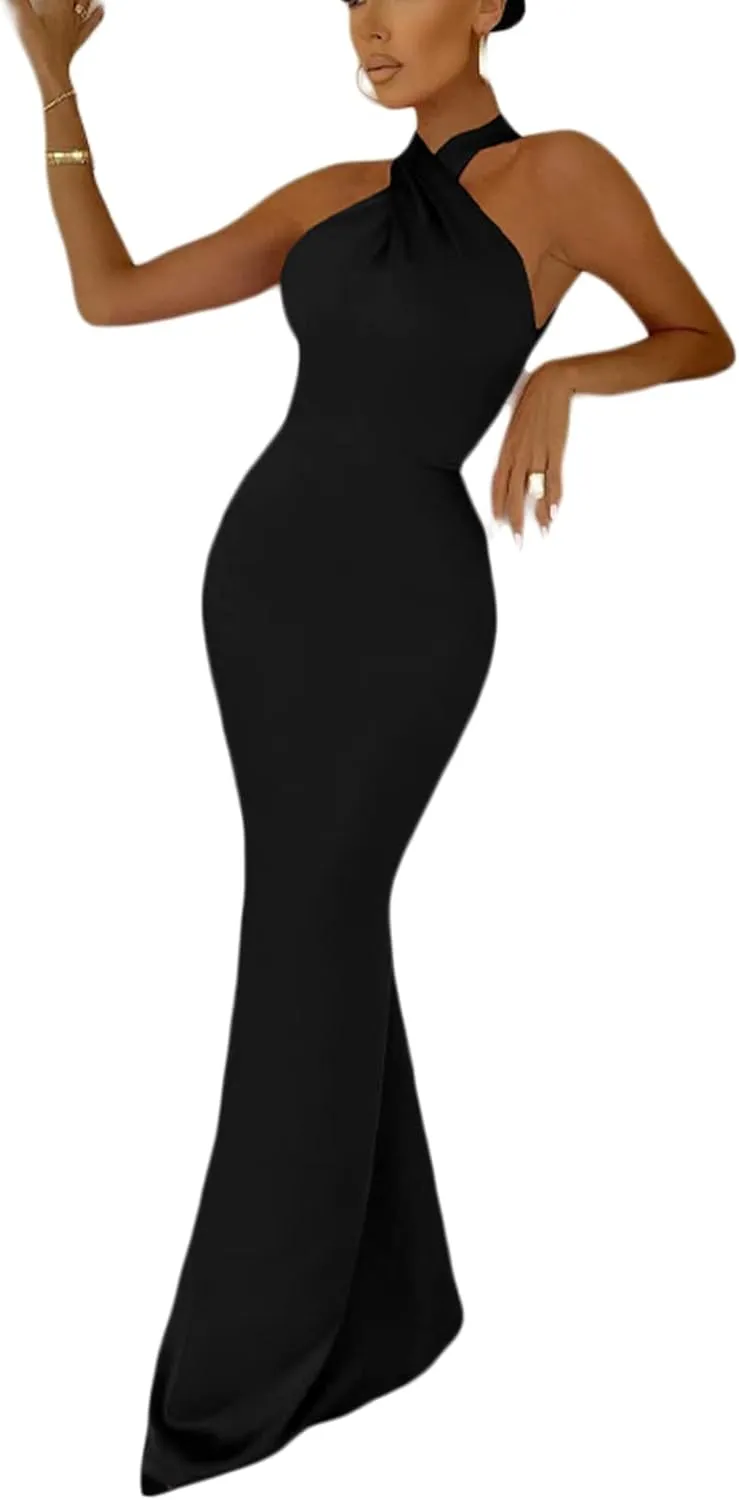 Women Sexy Bodycon Maxi Dress Cross Halter Backless Elegant Cocktail Party Evening Dress