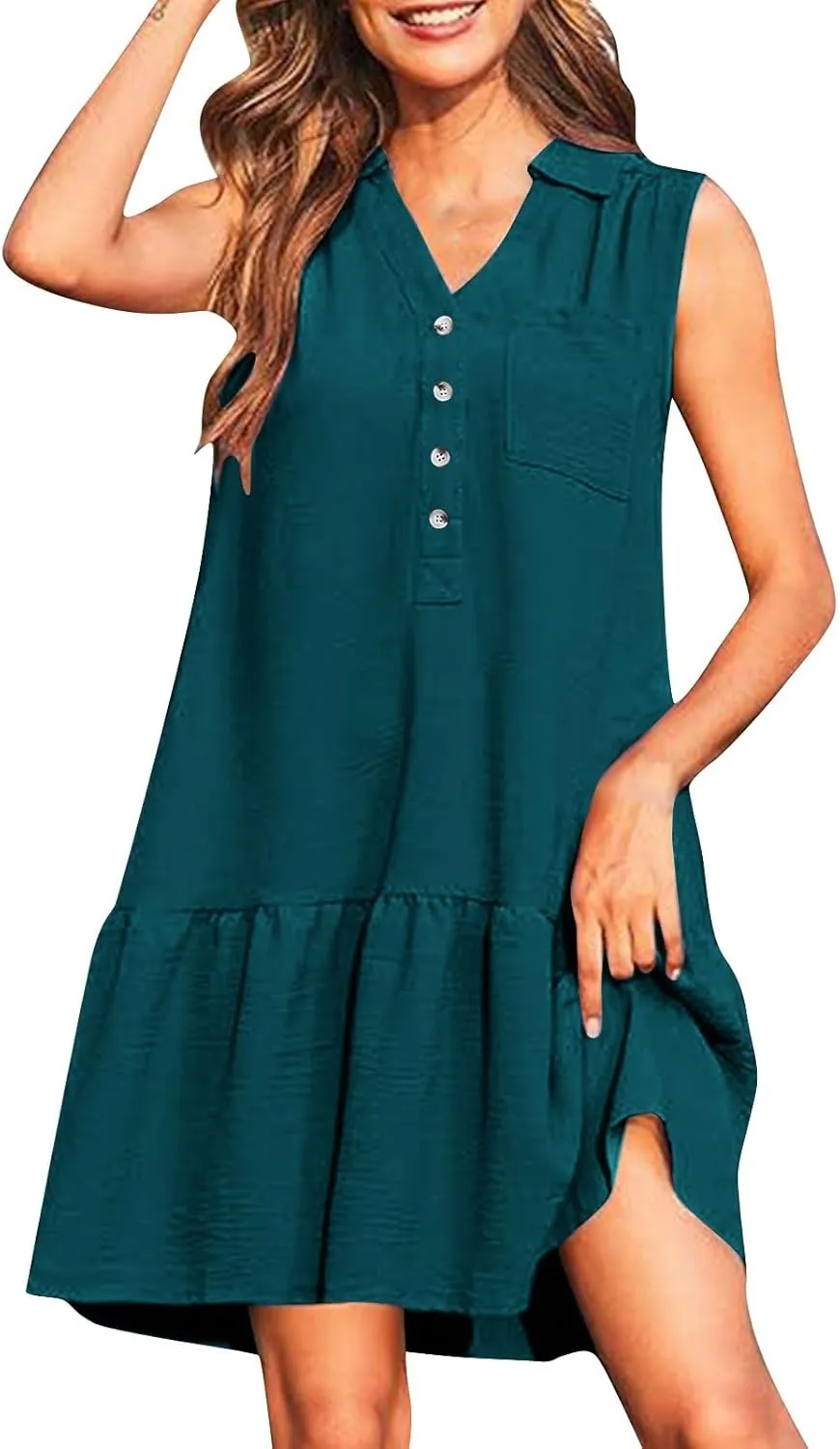 Women Summer Button Shirt Dress Ruched V Neck Sleeveless Sundress with Pocket Loose Casual Vacation Dress 2025