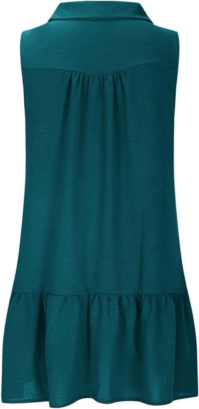 Women Summer Button Shirt Dress Ruched V Neck Sleeveless Sundress with Pocket Loose Casual Vacation Dress 2025