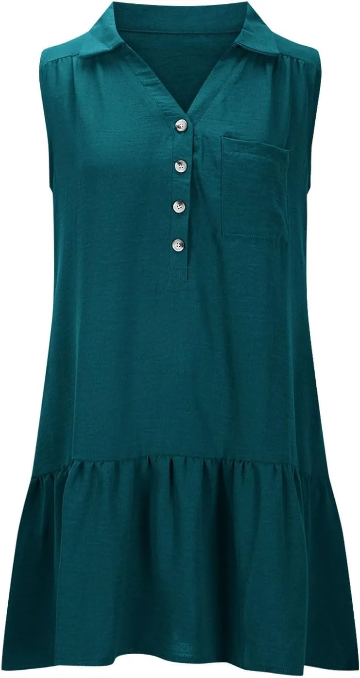 Women Summer Button Shirt Dress Ruched V Neck Sleeveless Sundress with Pocket Loose Casual Vacation Dress 2025