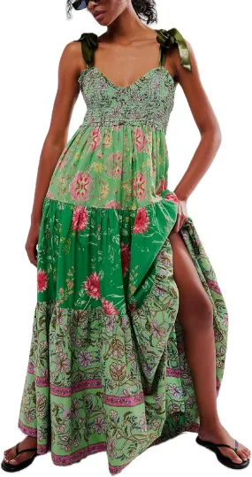 Women Summer Maxi Dress Floral Smocked Shirred Long Dress Boho Sleeveless Tie Shoulder Sundress