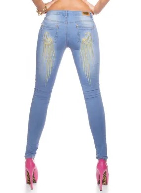 Women's Blue slim skinny jeans with Embroidered Angel wings rear design