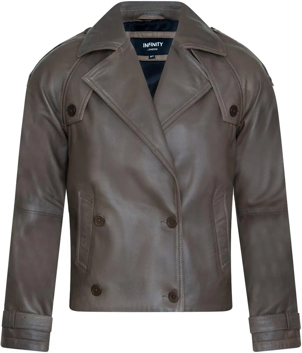 Womens Cropped Oversized Leather Classic Trench Jacket