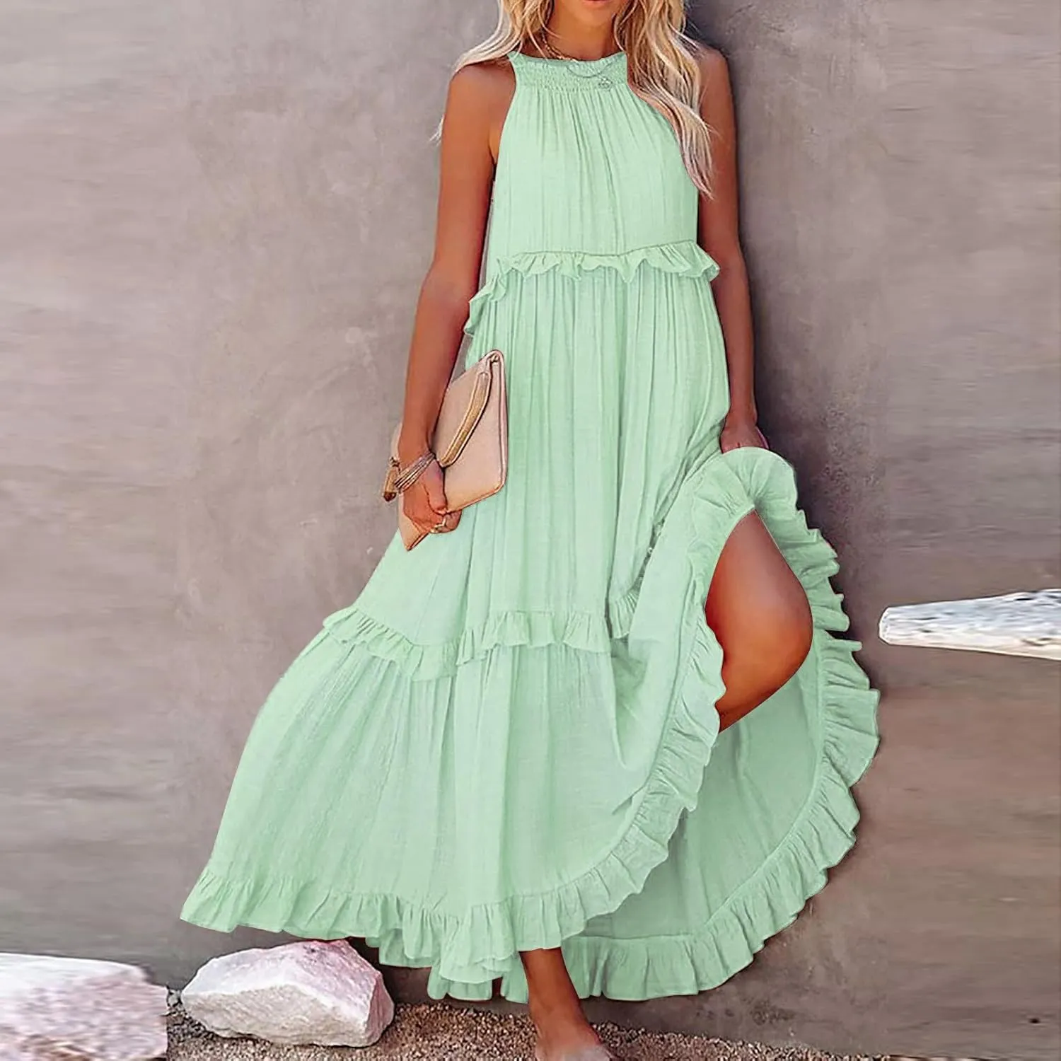 Women's Flowy Halter Neck Sleeveless Asymmetrical Hem Maxi Long Dress Boho Print Tiered Casual Flowy Long Maxi Dress