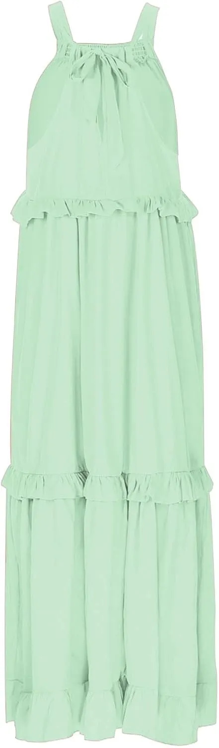 Women's Flowy Halter Neck Sleeveless Asymmetrical Hem Maxi Long Dress Boho Print Tiered Casual Flowy Long Maxi Dress