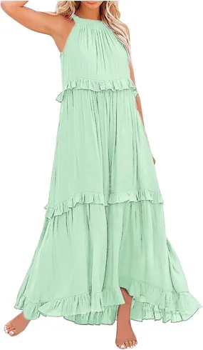 Women's Flowy Halter Neck Sleeveless Asymmetrical Hem Maxi Long Dress Boho Print Tiered Casual Flowy Long Maxi Dress