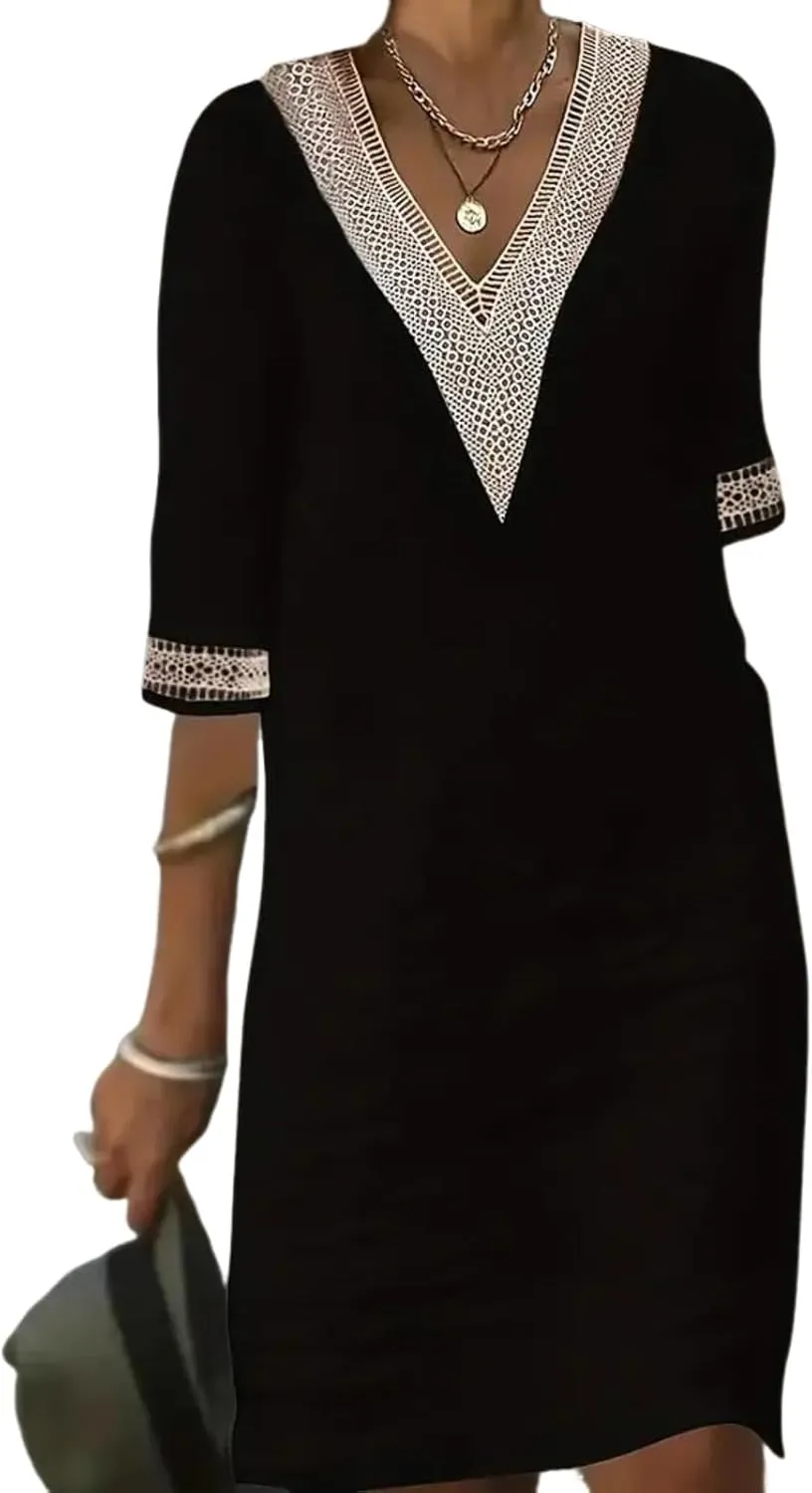Women's Half Sleeves V-Neck Midi Dress Elegant Black Plain Natural Slim Fit Elegant Shift Dresses with Lace Trim
