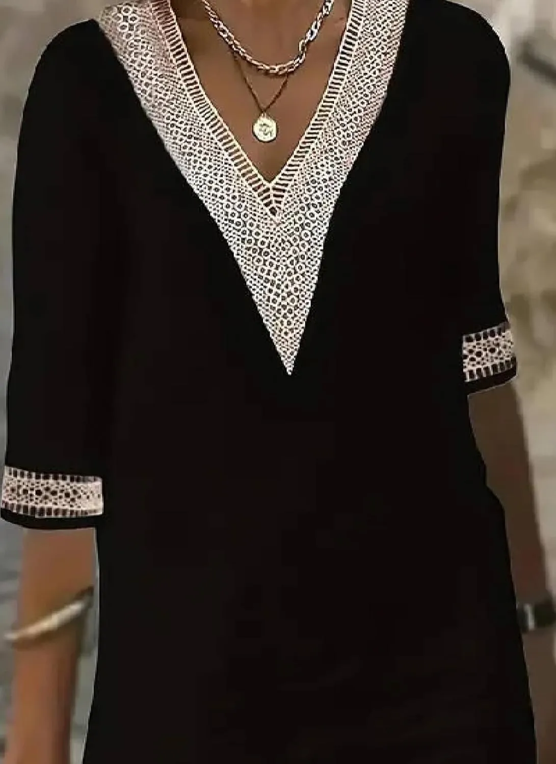 Women's Half Sleeves V-Neck Midi Dress Elegant Black Plain Natural Slim Fit Elegant Shift Dresses with Lace Trim