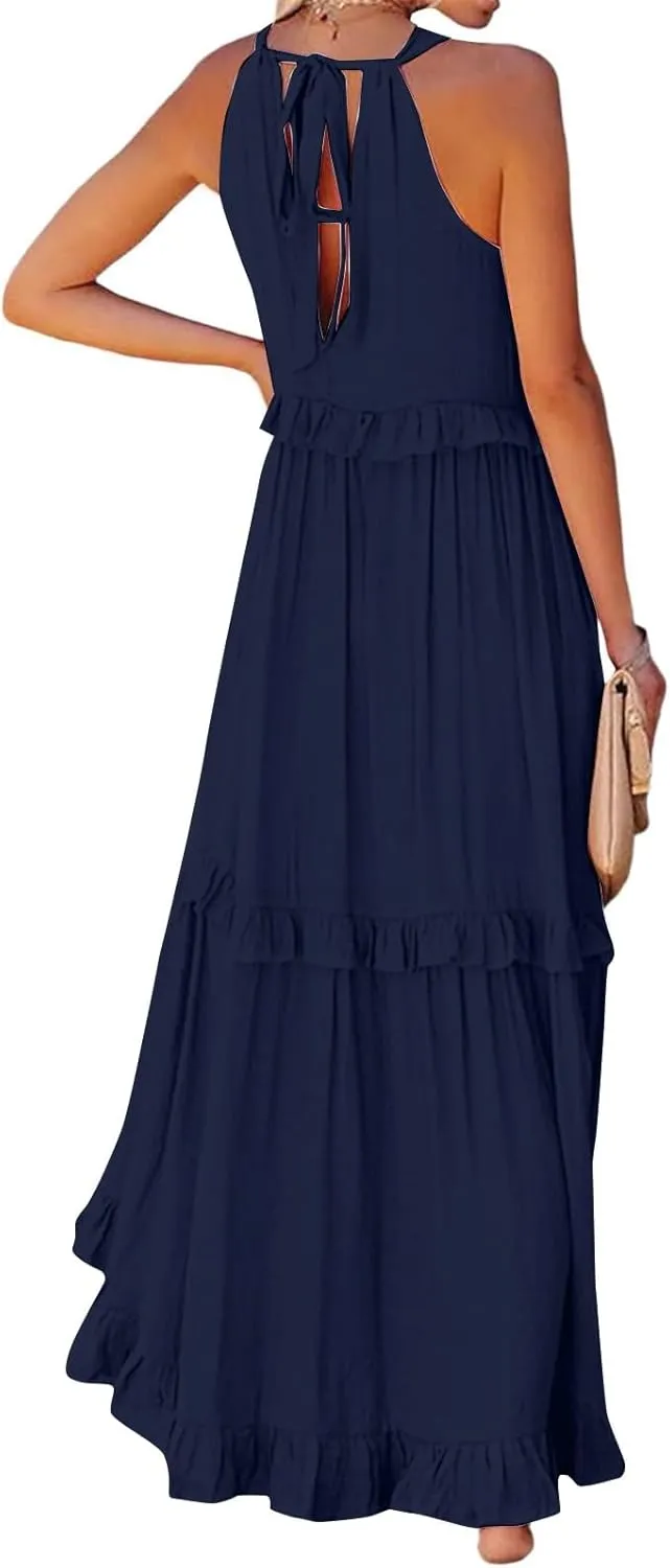 Womens Halter Dress Summer Tiered Flowy Maxi Dress Sleeveless Boho Ruffle Casual Beach Long Dress Wedding Guest Gress