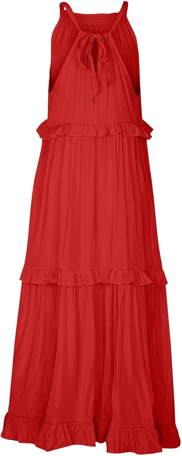 Womens Halter Dress Summer Tiered Flowy Maxi Dress Sleeveless Boho Ruffle Casual Beach Long Dress Wedding Guest Gress