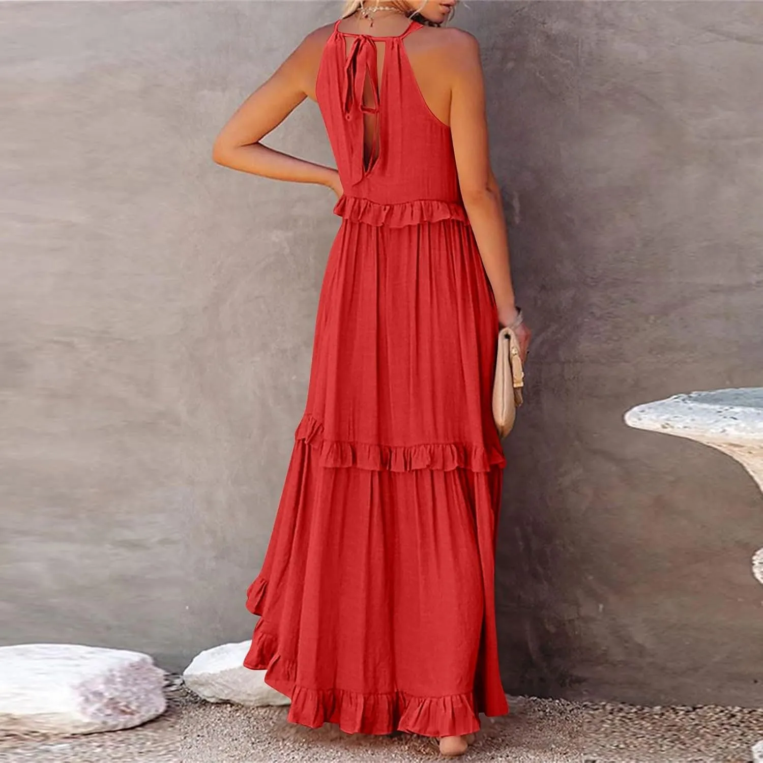 Womens Halter Dress Summer Tiered Flowy Maxi Dress Sleeveless Boho Ruffle Casual Beach Long Dress Wedding Guest Gress