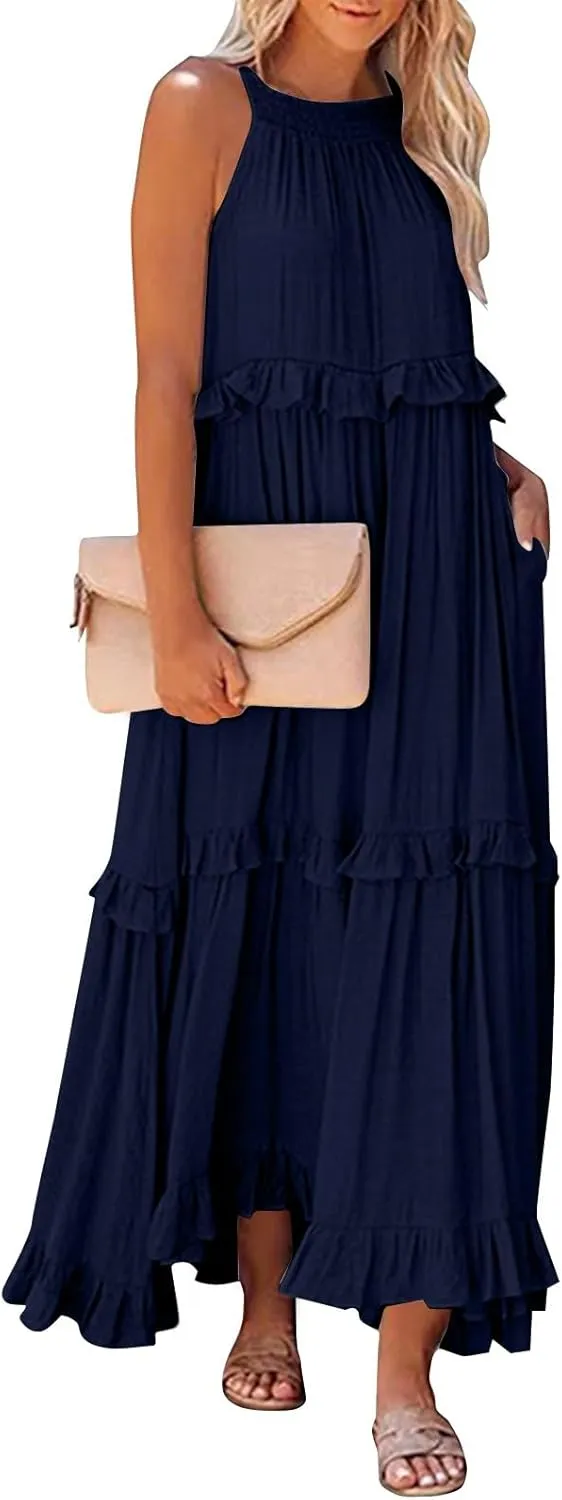 Womens Halter Dress Summer Tiered Flowy Maxi Dress Sleeveless Boho Ruffle Casual Beach Long Dress Wedding Guest Gress